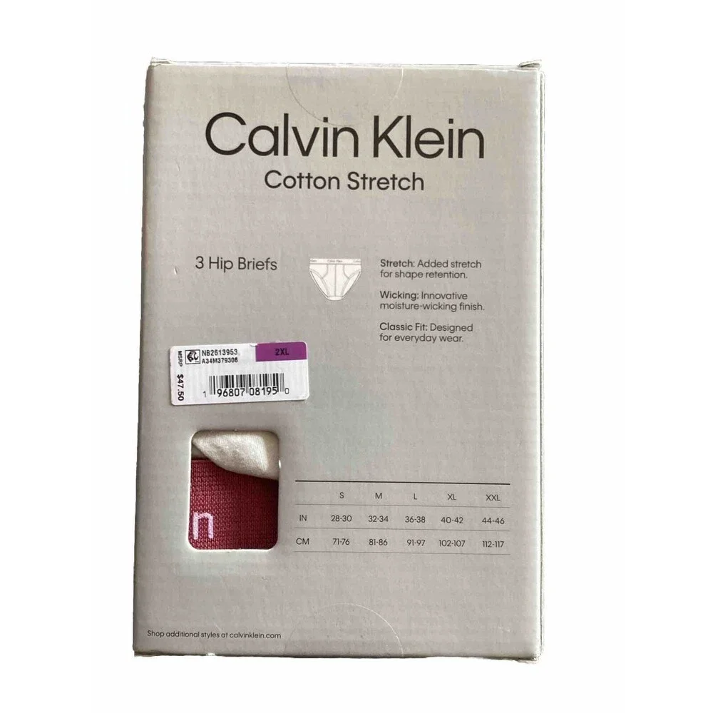 Calvin Klein Mens 3 Pack Cotton Stretch Hip Brief Classic Fit Gray/Burgundy XXL